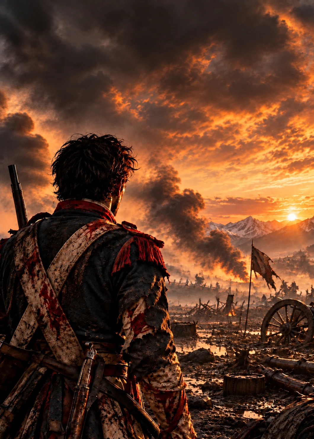 El soldado de la portada, de espaldas ante el campo de batalla al atardecer